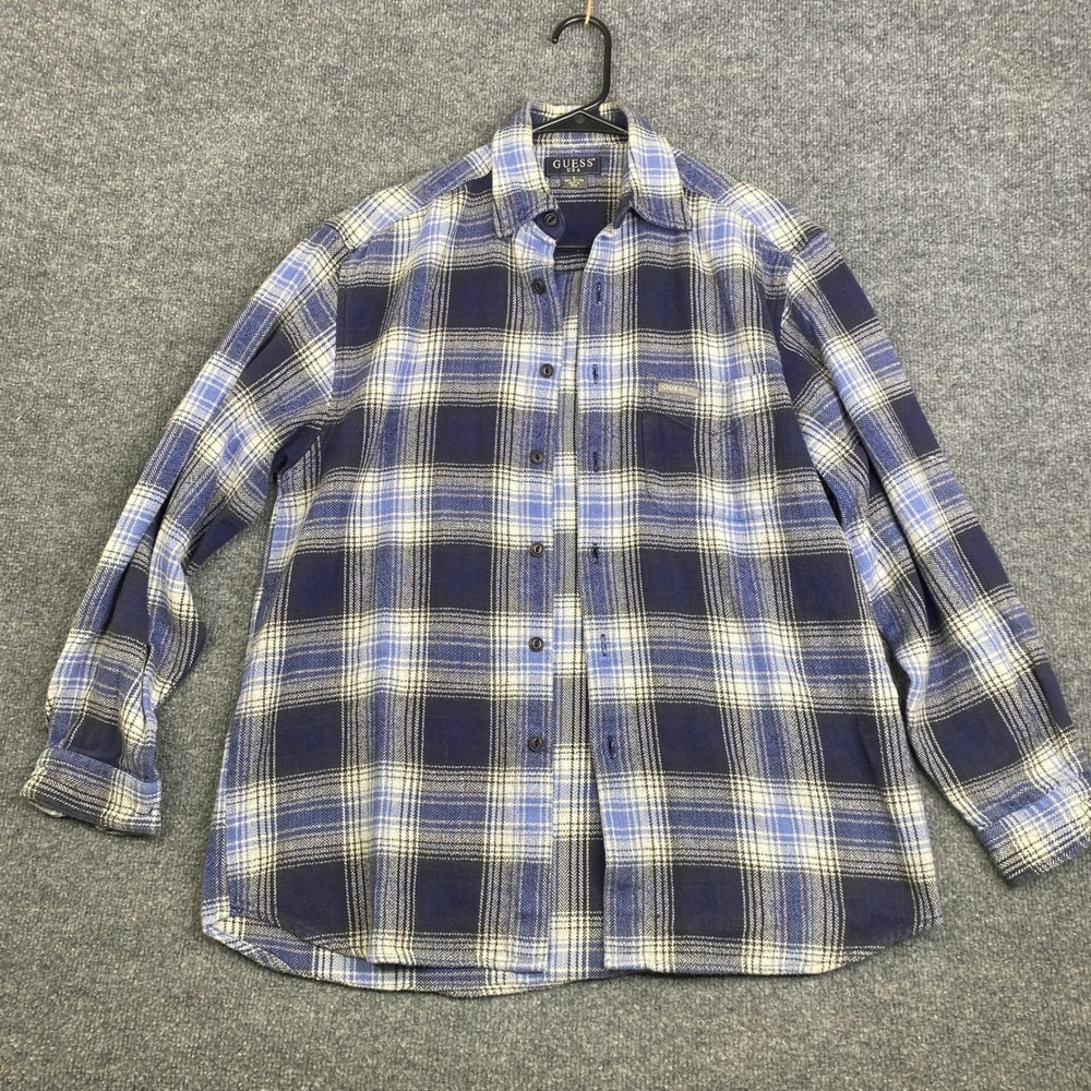 VTG Guess USA Mens Blue Plaid Flannel Shirt Long Sleeve Cotton Button Down Small